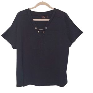 Rafaella Solid Black Tee With V Neck and Chain Detail Plus Size 2X